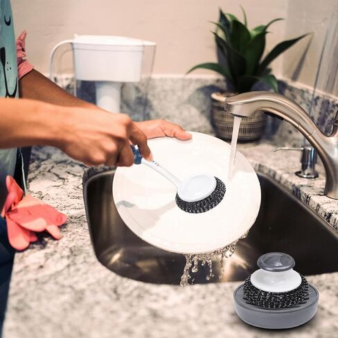 Stainless Steel Sponge Wool Scrubbers, Dish Metal Scrubber Dishwashing Sponge Dishes Scrub, Handheld Scrubbing Cleaner Brush Scouring Pad with Handle and Tray for Kitchen Cleaning 5 Pack (Grey) in Saudi Arabia