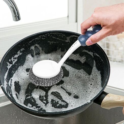 Stainless Steel Sponge Wool Scrubbers, Dish Metal Scrubber Dishwashing Sponge Dishes Scrub, Handheld Scrubbing Cleaner Brush Scouring Pad with Handle and Tray for Kitchen Cleaning 5 Pack (Grey) in Saudi Arabia