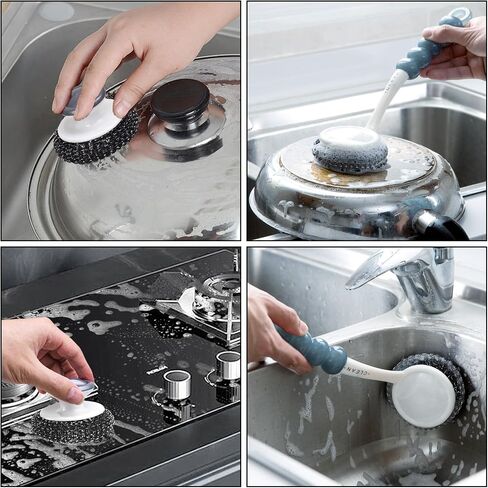 Stainless Steel Sponge Wool Scrubbers, Dish Metal Scrubber Dishwashing Sponge Dishes Scrub, Handheld Scrubbing Cleaner Brush Scouring Pad with Handle and Tray for Kitchen Cleaning 5 Pack (Grey) in Saudi Arabia
