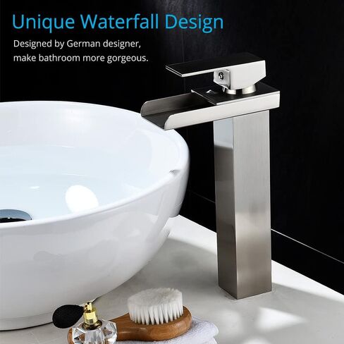 Wovier Chrome Waterfall Spout Bathroom Sink Faucet with Supply Hose,Single Handle Single Hole Vessel Lavatory Faucet,Slanted Body Basin Mixer Tap Tall Body Commercial(No LED) in Saudi Arabia