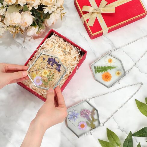 Leinuosen 8 Pcs Hanging Glass Floating Frame 3.7'' x 3.3'' Pressed Flower Frame Vintage Brass Hexagon Floating Picture Frame Double Picture Artwork Display Frame for Photo Picture DIY Home (Gold) in Saudi Arabia