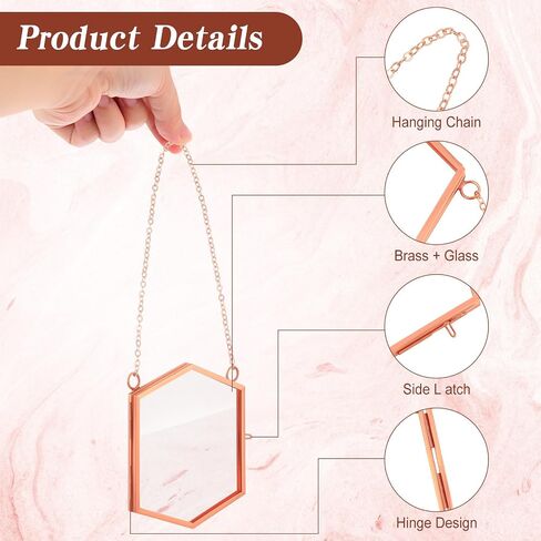 Leinuosen 8 Pcs Hanging Glass Floating Frame 3.7'' x 3.3'' Pressed Flower Frame Vintage Brass Hexagon Floating Picture Frame Double Picture Artwork Display Frame for Photo Picture DIY Home (Gold) in Saudi Arabia