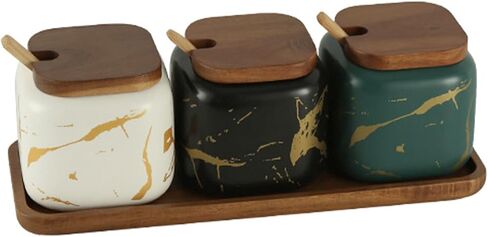 3 Pack Ceramic Sugar Container Set, Salt Cellar, Salt and Pepper Bowls, Square Spice Jars, Condiment Jars with Lids, Tray and Spoons for Kitchen Counter, 12oz Capacity, LKS034 in Saudi Arabia