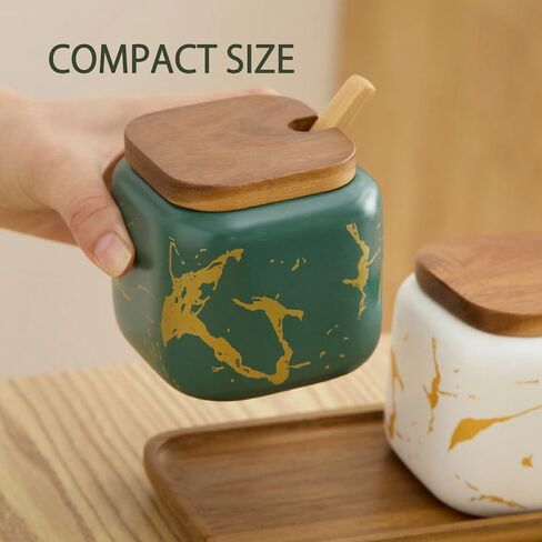 3 Pack Ceramic Sugar Container Set, Salt Cellar, Salt and Pepper Bowls, Square Spice Jars, Condiment Jars with Lids, Tray and Spoons for Kitchen Counter, 12oz Capacity, LKS034 in Saudi Arabia