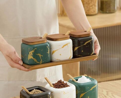 3 Pack Ceramic Sugar Container Set, Salt Cellar, Salt and Pepper Bowls, Square Spice Jars, Condiment Jars with Lids, Tray and Spoons for Kitchen Counter, 12oz Capacity, LKS034 in Saudi Arabia