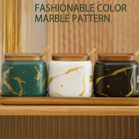 3 Pack Ceramic Sugar Container Set, Salt Cellar, Salt and Pepper Bowls, Square Spice Jars, Condiment Jars with Lids, Tray and Spoons for Kitchen Counter, 12oz Capacity, LKS034 in Saudi Arabia