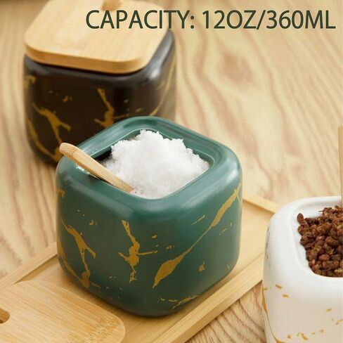 3 Pack Ceramic Sugar Container Set, Salt Cellar, Salt and Pepper Bowls, Square Spice Jars, Condiment Jars with Lids, Tray and Spoons for Kitchen Counter, 12oz Capacity, LKS034 in Saudi Arabia