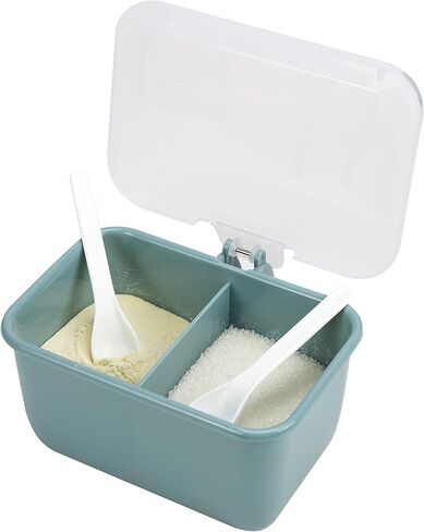 EIKS Plastic 2-Grid Condiment Container Seasoning Jar with Spoon and Lid for Sugar Slat Spice (Green) in Saudi Arabia