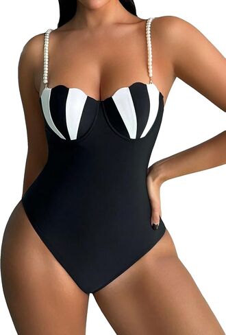 OYOANGLE Women's One Piece Swimsuit Colorblock Pearl Decor Spaghetti Straps Swimwear Underwire Bathing Suit in Saudi Arabia