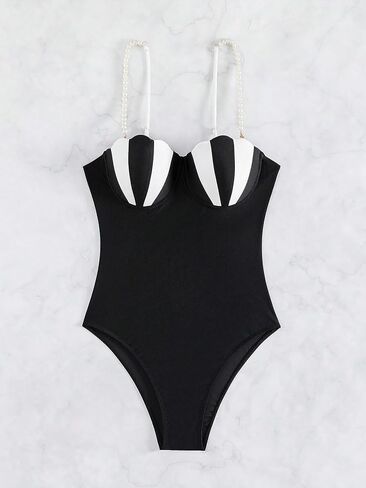 OYOANGLE Women's One Piece Swimsuit Colorblock Pearl Decor Spaghetti Straps Swimwear Underwire Bathing Suit in Saudi Arabia