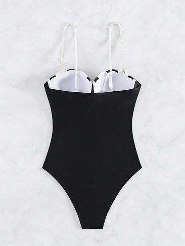 OYOANGLE Women's One Piece Swimsuit Colorblock Pearl Decor Spaghetti Straps Swimwear Underwire Bathing Suit in Saudi Arabia
