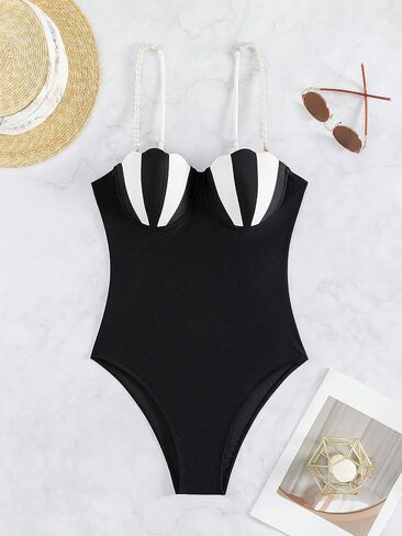 OYOANGLE Women's One Piece Swimsuit Colorblock Pearl Decor Spaghetti Straps Swimwear Underwire Bathing Suit in Saudi Arabia