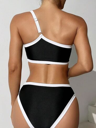 SweatyRocks Women's 2 Piece Bikini Set Color Block One Shoulder Bathing Suit High Waist Swimsuit in Saudi Arabia