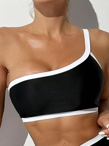 SweatyRocks Women's 2 Piece Bikini Set Color Block One Shoulder Bathing Suit High Waist Swimsuit in Saudi Arabia