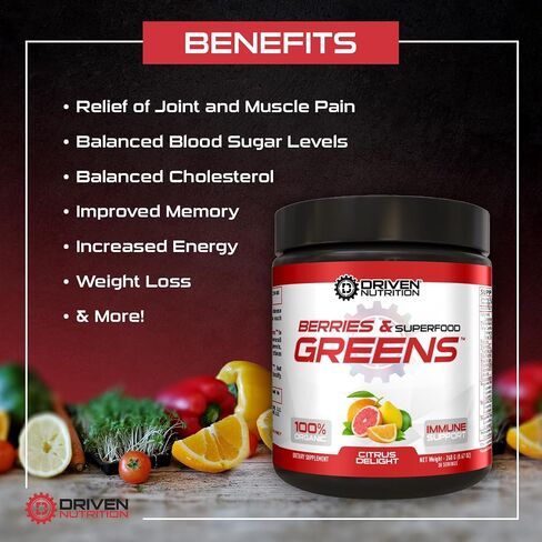 Driven B&G Berries & Greens Superfood Powder, 30 Servings - Organic Plant-Based Formula with Probiotics & Digestive Enzymes - Vegan Supplement Supports Recovery, Healthy Digestion, and Immune Function in Saudi Arabia