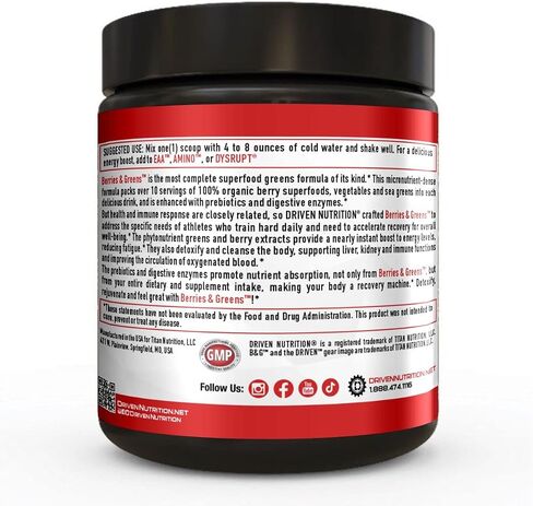 Driven B&G Berries & Greens Superfood Powder, 30 Servings - Organic Plant-Based Formula with Probiotics & Digestive Enzymes - Vegan Supplement Supports Recovery, Healthy Digestion, and Immune Function in Saudi Arabia