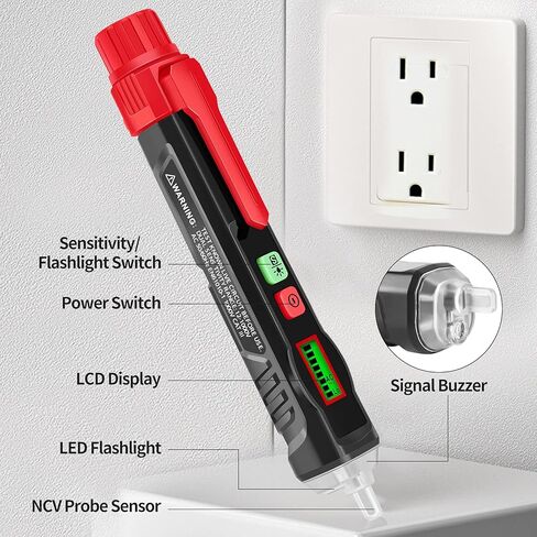 جهاز اختبار الجهد الكهربي من AVID، جهاز اختبار الجهد الكهربي غير التلامسي ثنائي النطاق AC 12V-1000V/48V-1000V، قلم اختبار كهربائي مع شاشة LCD، إنذار صفارة وحكم سلك مباشر/فارغ، قلم اختبار مع مصباح يدوي in Kuwait