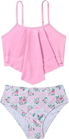 SHENHE Girl's Cute 2 Piece Bikini Set High Waisted Swimsuit Bathing Suit Beachwear Multicolor Pink roses 9 Years in Saudi Arabia