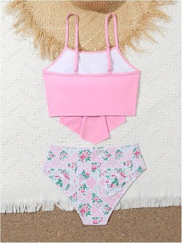 SHENHE Girl's Cute 2 Piece Bikini Set High Waisted Swimsuit Bathing Suit Beachwear Multicolor Pink roses 9 Years in Saudi Arabia