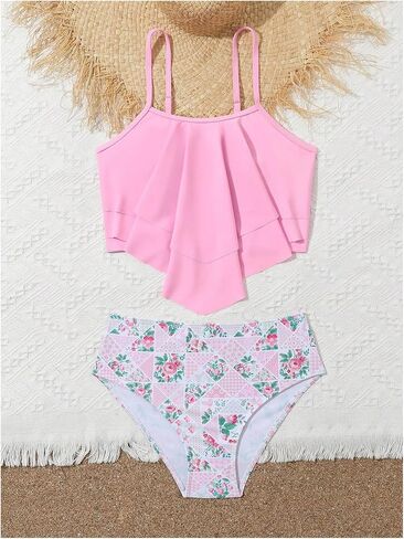 SHENHE Girl's Cute 2 Piece Bikini Set High Waisted Swimsuit Bathing Suit Beachwear Multicolor Pink roses 9 Years in Saudi Arabia