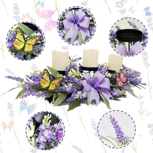 حاملات شموع مع زهرة اللافندر الاصطناعية، ديكورات طاولة مركزية أرجوانية 3 حاملات شموع، شمعدانات الربيع والصيف لتزيين المنزل ونوافذ المزرعة والريف الداخلي in Kuwait