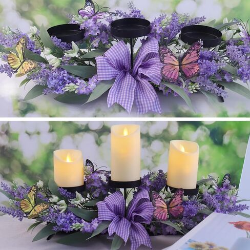 حاملات شموع مع زهرة اللافندر الاصطناعية، ديكورات طاولة مركزية أرجوانية 3 حاملات شموع، شمعدانات الربيع والصيف لتزيين المنزل ونوافذ المزرعة والريف الداخلي in Kuwait