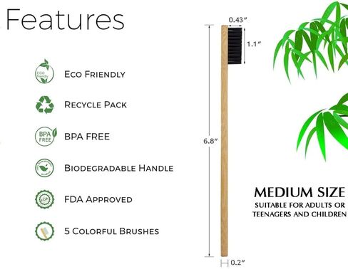 فرش أسنان من الخيزران بشعيرات متوسطة للبالغين، مجموعة من 10 فرش أسنان كبيرة الحجم للعائلة، فرشاة أسنان خشبية عضوية طبيعية، مقبض خشبي فحمي، فرشاة أسنان صديقة للبيئة in Kuwait