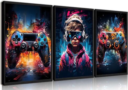 QGNBGBJ Framed Gaming Posters Colorful Graffiti Animals Wall Decor Gamer Earphone Canvas Wall Art Watercolor Cat Dog Lion Pictures Prints for Teen Boys Children Game Room Painting(12x16in) in Saudi Arabia