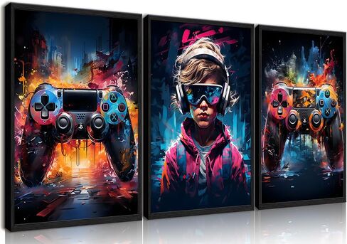 QGNBGBJ Framed Gaming Posters Colorful Graffiti Animals Wall Decor Gamer Earphone Canvas Wall Art Watercolor Cat Dog Lion Pictures Prints for Teen Boys Children Game Room Painting(12x16in) in Saudi Arabia