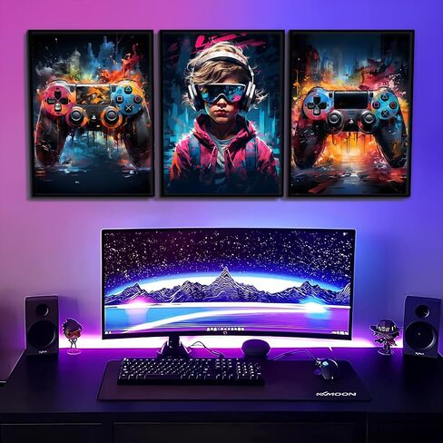 QGNBGBJ Framed Gaming Posters Colorful Graffiti Animals Wall Decor Gamer Earphone Canvas Wall Art Watercolor Cat Dog Lion Pictures Prints for Teen Boys Children Game Room Painting(12x16in) in Saudi Arabia