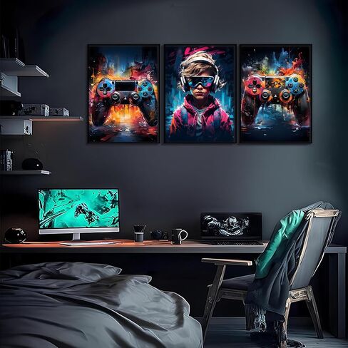 QGNBGBJ Framed Gaming Posters Colorful Graffiti Animals Wall Decor Gamer Earphone Canvas Wall Art Watercolor Cat Dog Lion Pictures Prints for Teen Boys Children Game Room Painting(12x16in) in Saudi Arabia