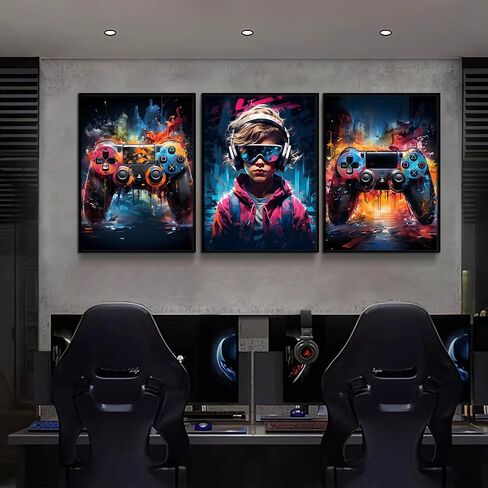 QGNBGBJ Framed Gaming Posters Colorful Graffiti Animals Wall Decor Gamer Earphone Canvas Wall Art Watercolor Cat Dog Lion Pictures Prints for Teen Boys Children Game Room Painting(12x16in) in Saudi Arabia
