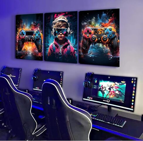 QGNBGBJ Framed Gaming Posters Colorful Graffiti Animals Wall Decor Gamer Earphone Canvas Wall Art Watercolor Cat Dog Lion Pictures Prints for Teen Boys Children Game Room Painting(12x16in) in Saudi Arabia