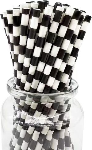 Black Striped Paper Straws, Pack of 100 Black White Stripes Paper Straws, 100% Biodegradable Disposable Drinking Straws for Restaurants, Juices, Smoothies in Saudi Arabia