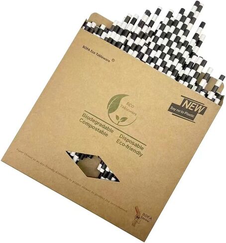 Black Striped Paper Straws, Pack of 100 Black White Stripes Paper Straws, 100% Biodegradable Disposable Drinking Straws for Restaurants, Juices, Smoothies in Saudi Arabia