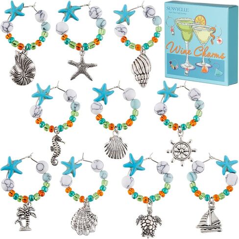 SUNNYCLUE 1 BOX 10PCS Alloy Beach Drink Charms Stone Wine Glass Charms Turquoise Energy Stone Beads Summer Turtle Hawaii Drinks Marker Identifiers Tags for Stem Glasses Wine Tasting Party Decor in Saudi Arabia