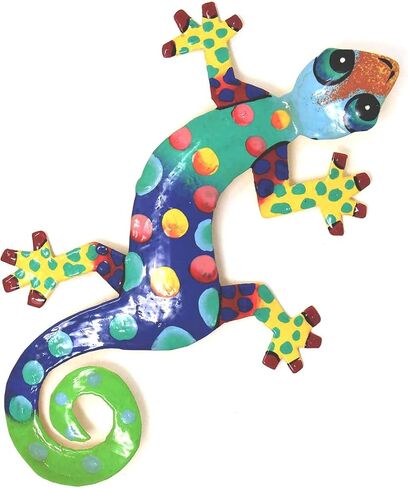 Global Crafts 8" Painted Gecko Recycled Haitian Metal Wall Art (Blue Green with Pink Head) in Saudi Arabia