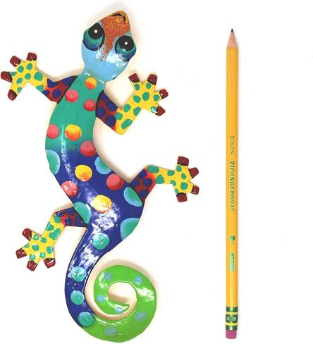 Global Crafts 8" Painted Gecko Recycled Haitian Metal Wall Art (Blue Green with Pink Head) in Saudi Arabia