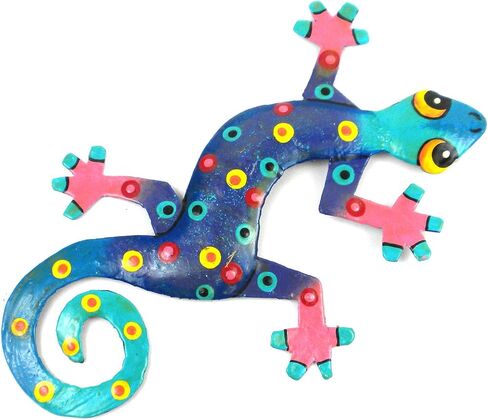 Global Crafts 8" Painted Gecko Recycled Haitian Metal Wall Art (Blue Green with Pink Head) in Saudi Arabia