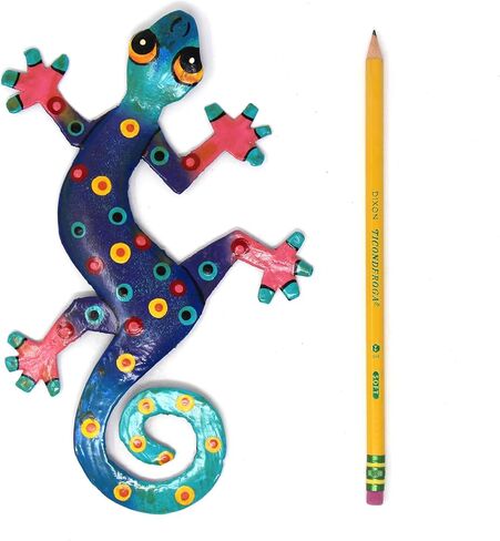 Global Crafts 8" Painted Gecko Recycled Haitian Metal Wall Art (Blue Green with Pink Head) in Saudi Arabia