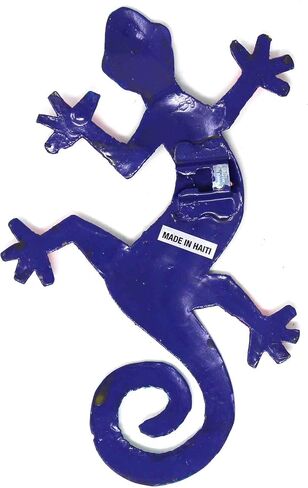 Global Crafts 8" Painted Gecko Recycled Haitian Metal Wall Art (Blue Green with Pink Head) in Saudi Arabia