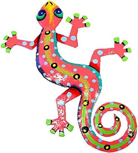 Global Crafts 8" Painted Gecko Recycled Haitian Metal Wall Art (Blue Green with Pink Head) in Saudi Arabia