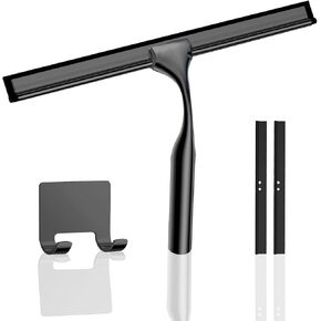 10" All-Purpose Shower Squeegee with Adhesive Hook and Replacement Blade for Cleaning Bathroom Glass Doors, Stainless Steel Handheld Bathroom Shower Door Squeegee, Glass Water Wiper (Sliver)