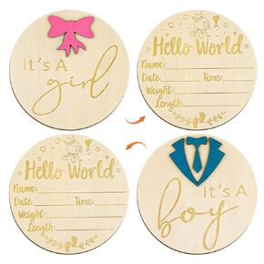 2pcs Wooden Baby Announcement Sign, 5.91 Inch Double-Sided New Baby Gender Reveal Sign Hello World Newborn Plaque Birth Announcement Sign for New Parents Nursery Baby Shower (Letter)