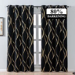 L.Z.E Black Gold Blackout Curtains for Bedroom, Heavy Duty Velvet Curtains 63 Inch Length 2 Panels Set, 80% Room Darkening Curtains for Living Room, Extra Thick Drapes with Gold Pattern Grommet Top