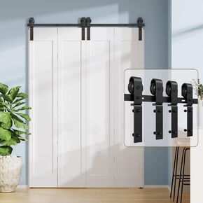 ROOMTEC 5FT Bi-Folding Sliding Barn Door Hardware Track Kit, Black Roller Kit for 4 Doors, J Shape(No Door)