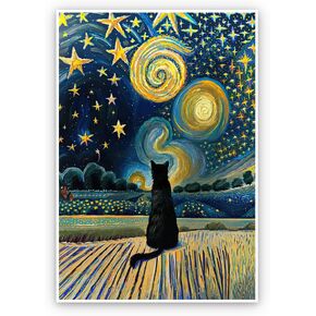 Lianxiaw The Starry Night Cat Canvas Wall Art Famous Oil Paintings Black Cat Poster Funny Cat Print Colorful Abstract Farmhouse Gallery Aesthetic Room Wall Decor for Bedroom 12x16in Framed