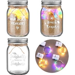 3 Pcs Beach Sand Jar Mason Seashell Jars 380 ml with 4 Light Strings Rope Glass Sand Mason Jars Decorative Sand Bottles with Lid Beach Keepsake Jar for Housewarming Wedding Honeymoon Ocean Supplies