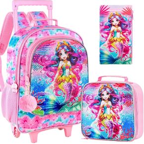 4PCS Rolling Backpack for Boys,Kids Dinosaur Backpacks with Roller Wheels, Wheeled Bookbag with Lunch Box for Toddler Elementary School