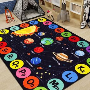 Kids Rug Outer Space Carpet for Playroom, ABC Educational Learning Area Rug, Non-Slip Solar System Road Play Play Rug for Kids Bedrooms, Classroom, Nursery Room Decor (Black, 78.7X59 INCH)